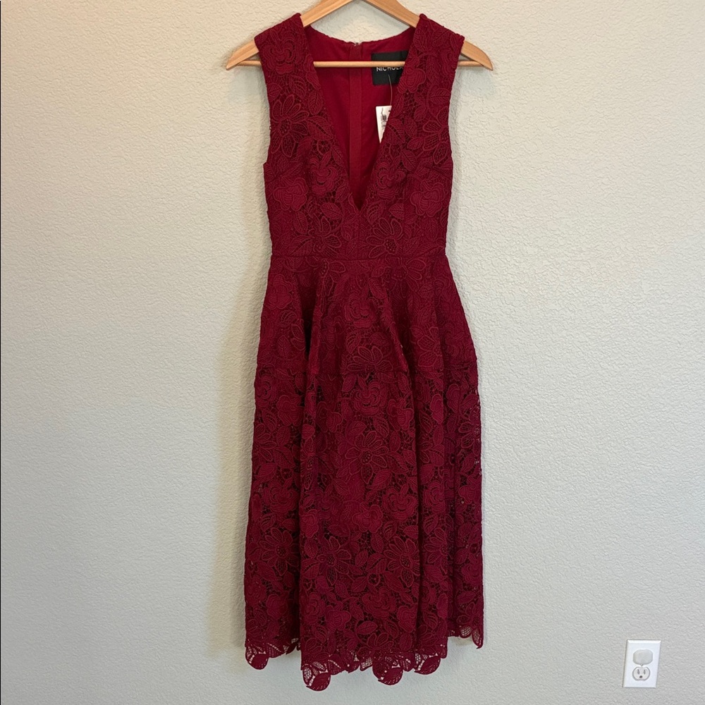 NICHOLAS red lace midi dress
